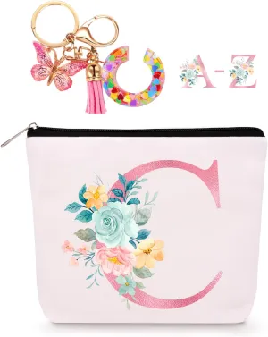Personalized Makeup Bag with Initial Keychain, Custom Initial Monogram Small Travel Cosmetic Toiletry Bag, Birthday Gifts for Women Bridesmaid Teacher (C)