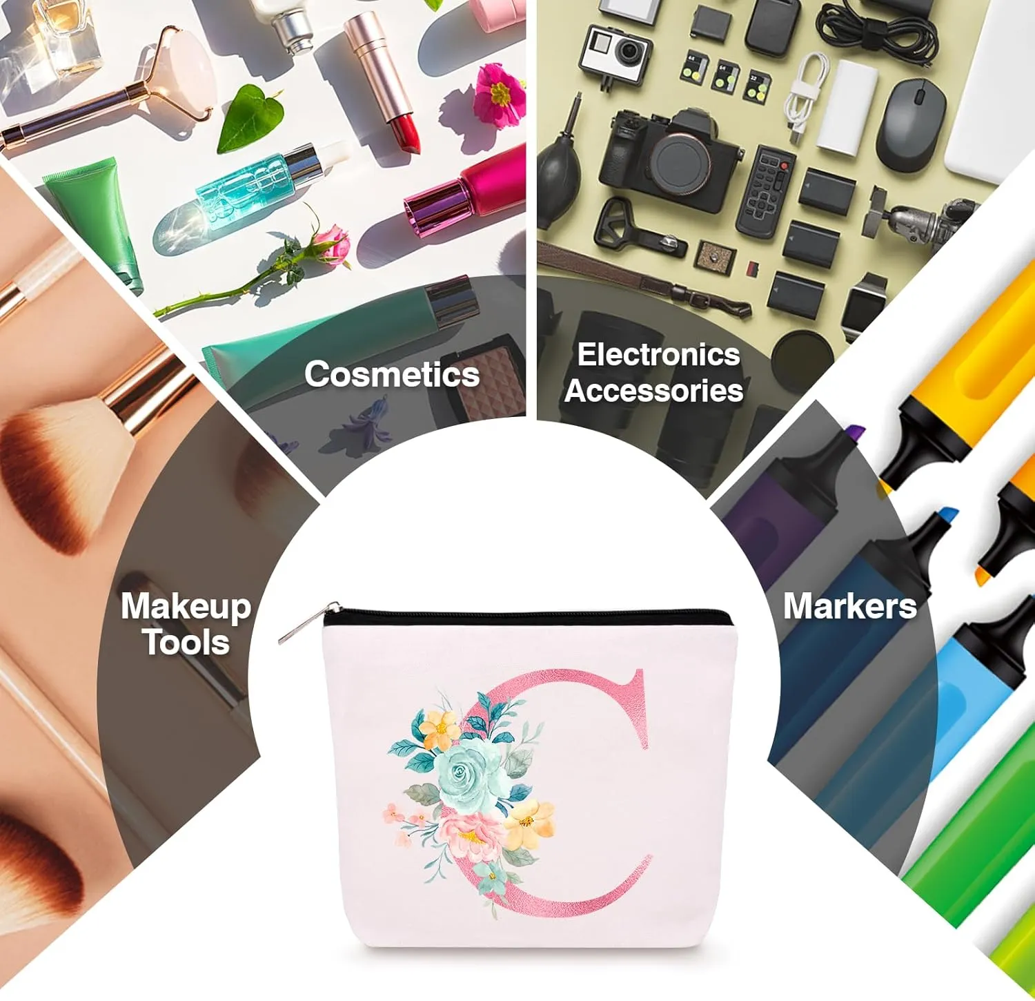 Personalized Makeup Bag with Initial Keychain, Custom Initial Monogram Small Travel Cosmetic Toiletry Bag, Birthday Gifts for Women Bridesmaid Teacher (C)