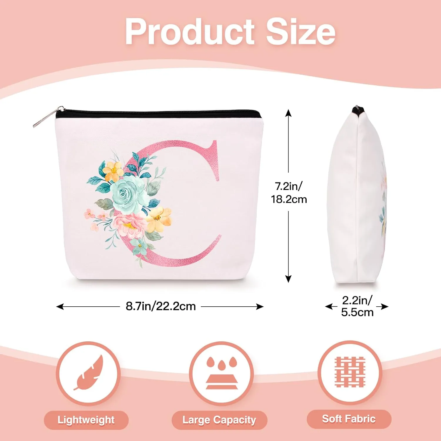Personalized Makeup Bag with Initial Keychain, Custom Initial Monogram Small Travel Cosmetic Toiletry Bag, Birthday Gifts for Women Bridesmaid Teacher (C)