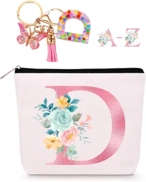 Personalized Makeup Bag with Initial Keychain, Custom Initial Monogram Small Travel Cosmetic Toiletry Bag, Birthday Gifts for Women Bridesmaid Teacher (D)