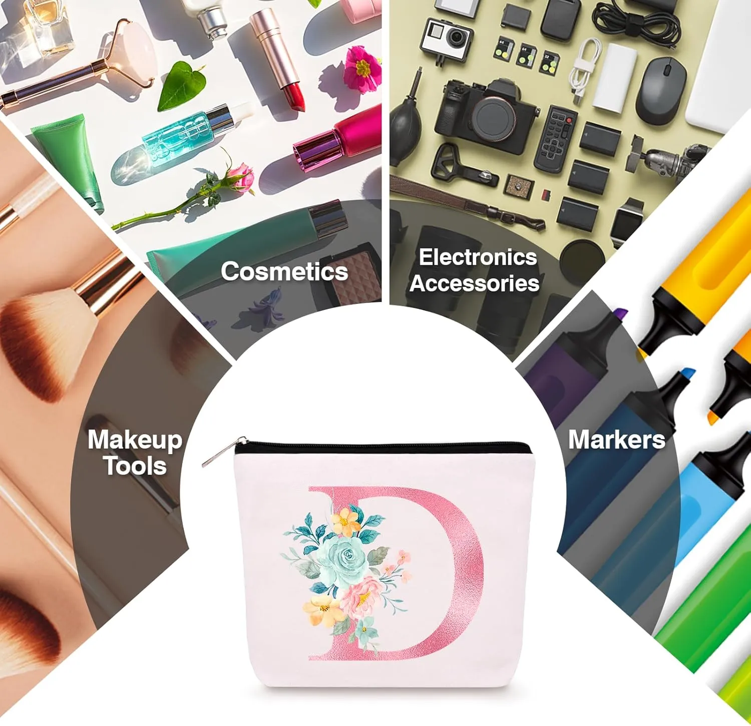 Personalized Makeup Bag with Initial Keychain, Custom Initial Monogram Small Travel Cosmetic Toiletry Bag, Birthday Gifts for Women Bridesmaid Teacher (D)