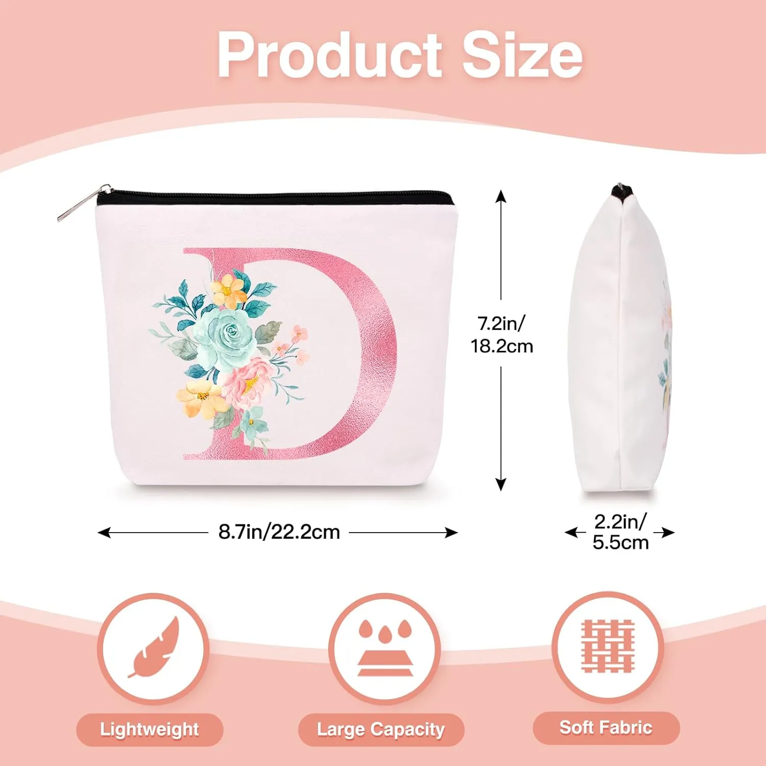 Personalized Makeup Bag with Initial Keychain, Custom Initial Monogram Small Travel Cosmetic Toiletry Bag, Birthday Gifts for Women Bridesmaid Teacher (D)