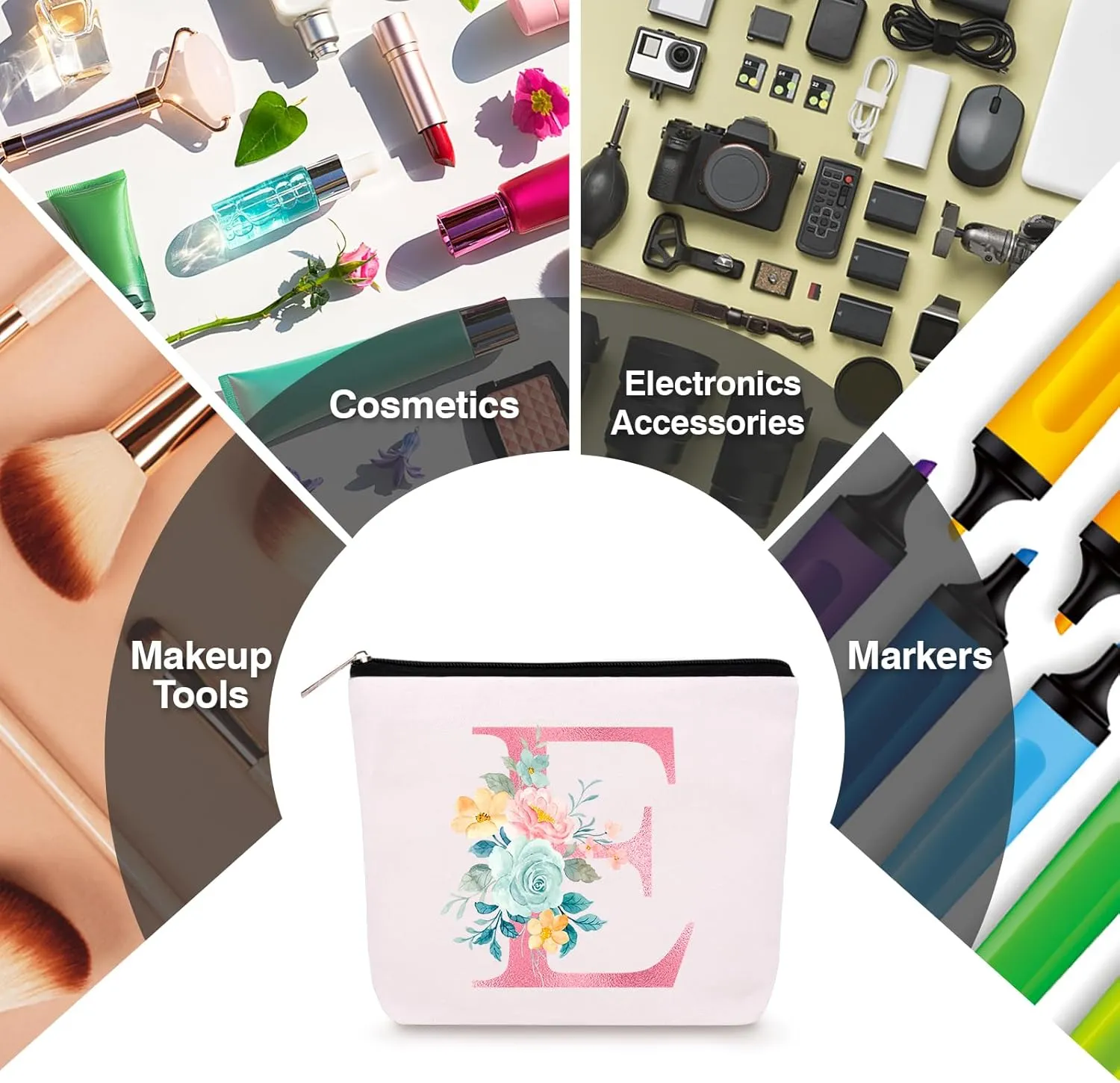 Personalized Makeup Bag with Initial Keychain, Custom Initial Monogram Small Travel Cosmetic Toiletry Bag, Birthday Gifts for Women Bridesmaid Teacher (E)
