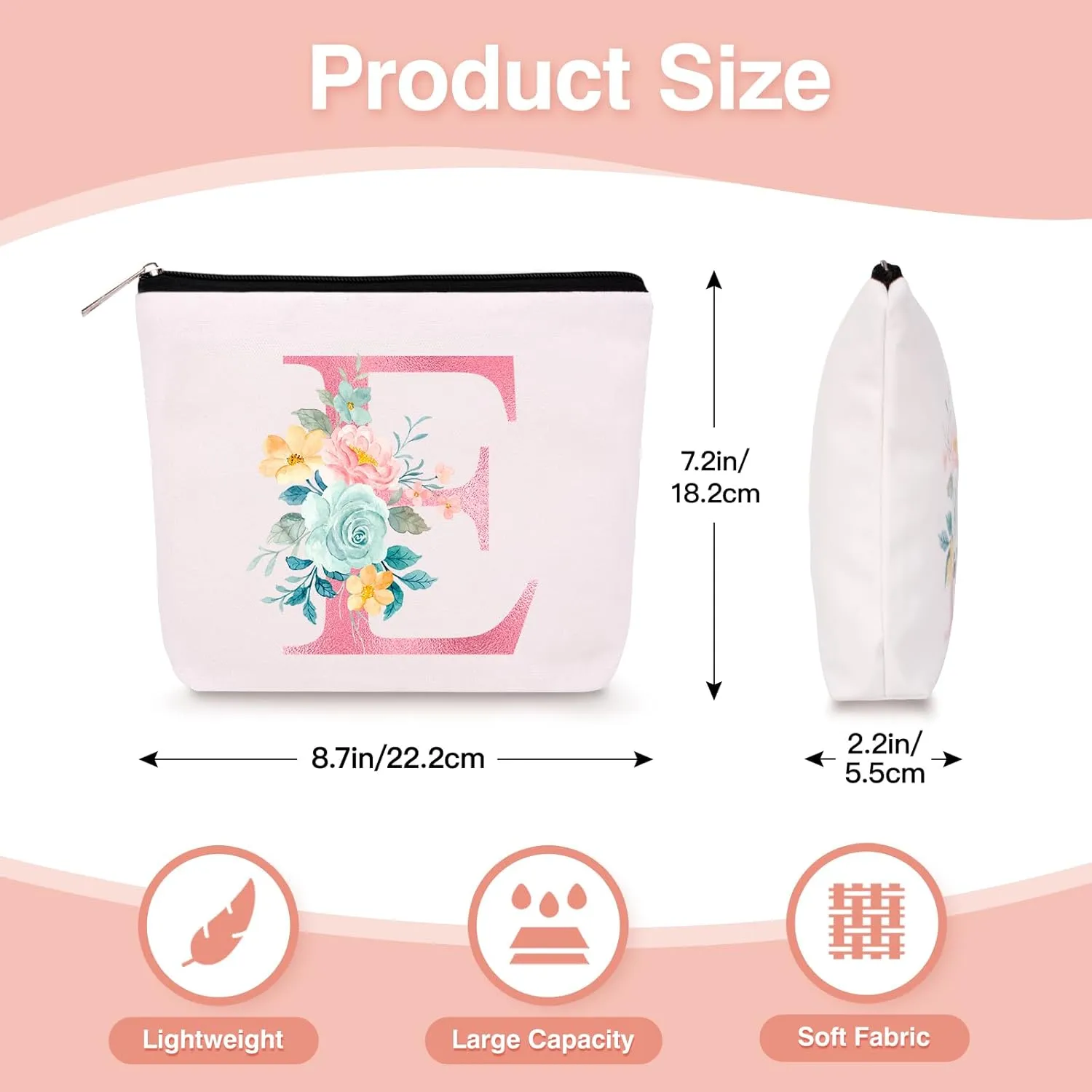Personalized Makeup Bag with Initial Keychain, Custom Initial Monogram Small Travel Cosmetic Toiletry Bag, Birthday Gifts for Women Bridesmaid Teacher (E)