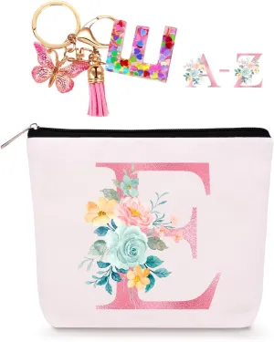 Personalized Makeup Bag with Initial Keychain, Custom Initial Monogram Small Travel Cosmetic Toiletry Bag, Birthday Gifts for Women Bridesmaid Teacher (E)
