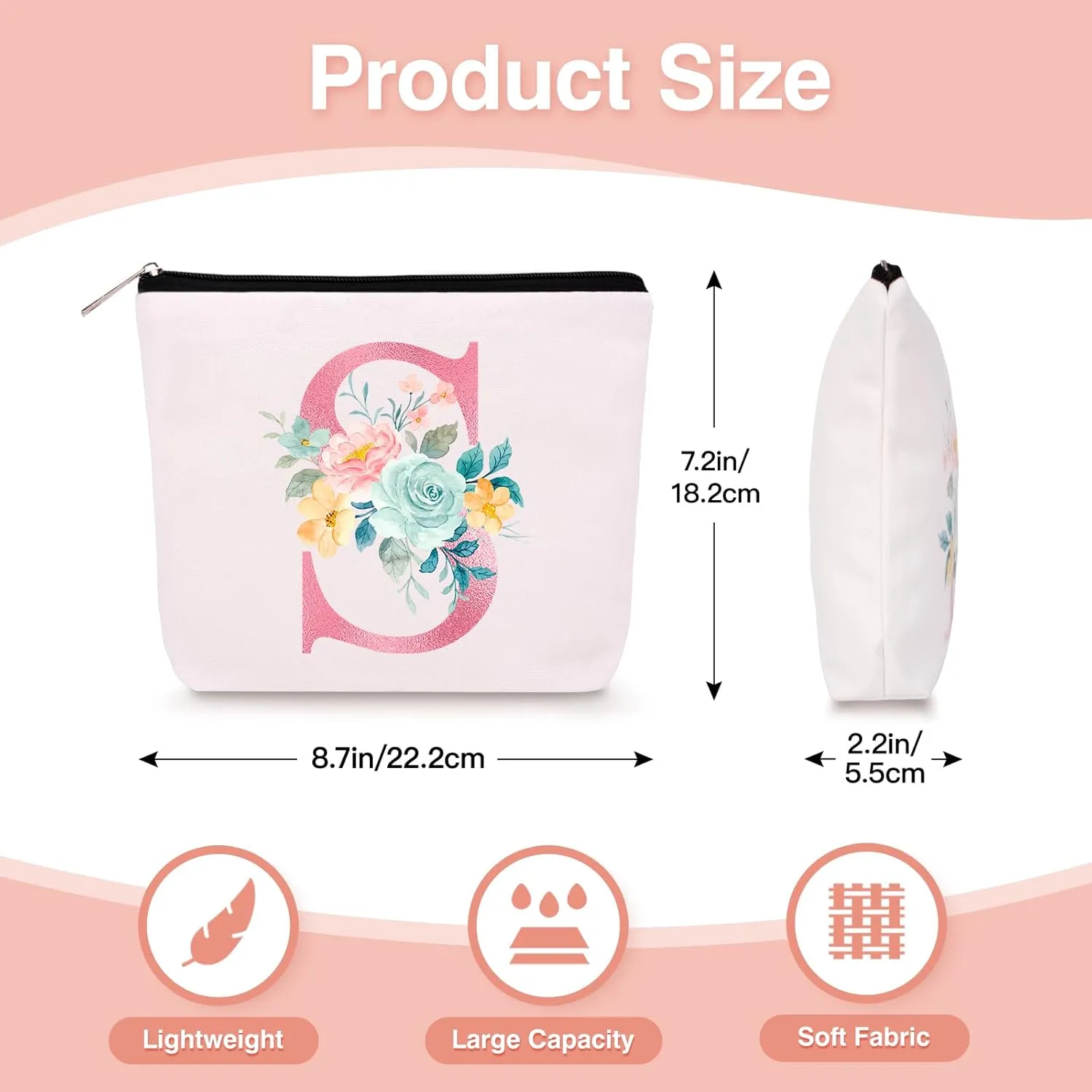 Personalized Makeup Bag with Initial Keychain, Custom Initial Monogram Small Travel Cosmetic Toiletry Bag, Birthday Gifts for Women Bridesmaid Teacher (S)