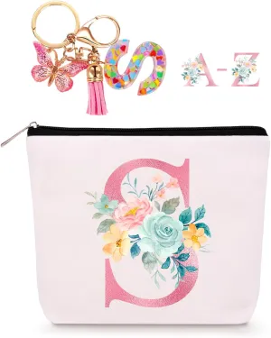 Personalized Makeup Bag with Initial Keychain, Custom Initial Monogram Small Travel Cosmetic Toiletry Bag, Birthday Gifts for Women Bridesmaid Teacher (S)
