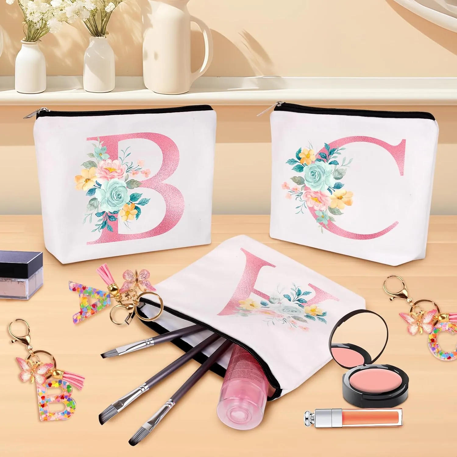 Personalized Makeup Bag with Initial Keychain, Custom Initial Monogram Small Travel Cosmetic Toiletry Bag, Birthday Gifts for Women Bridesmaid Teacher (S)