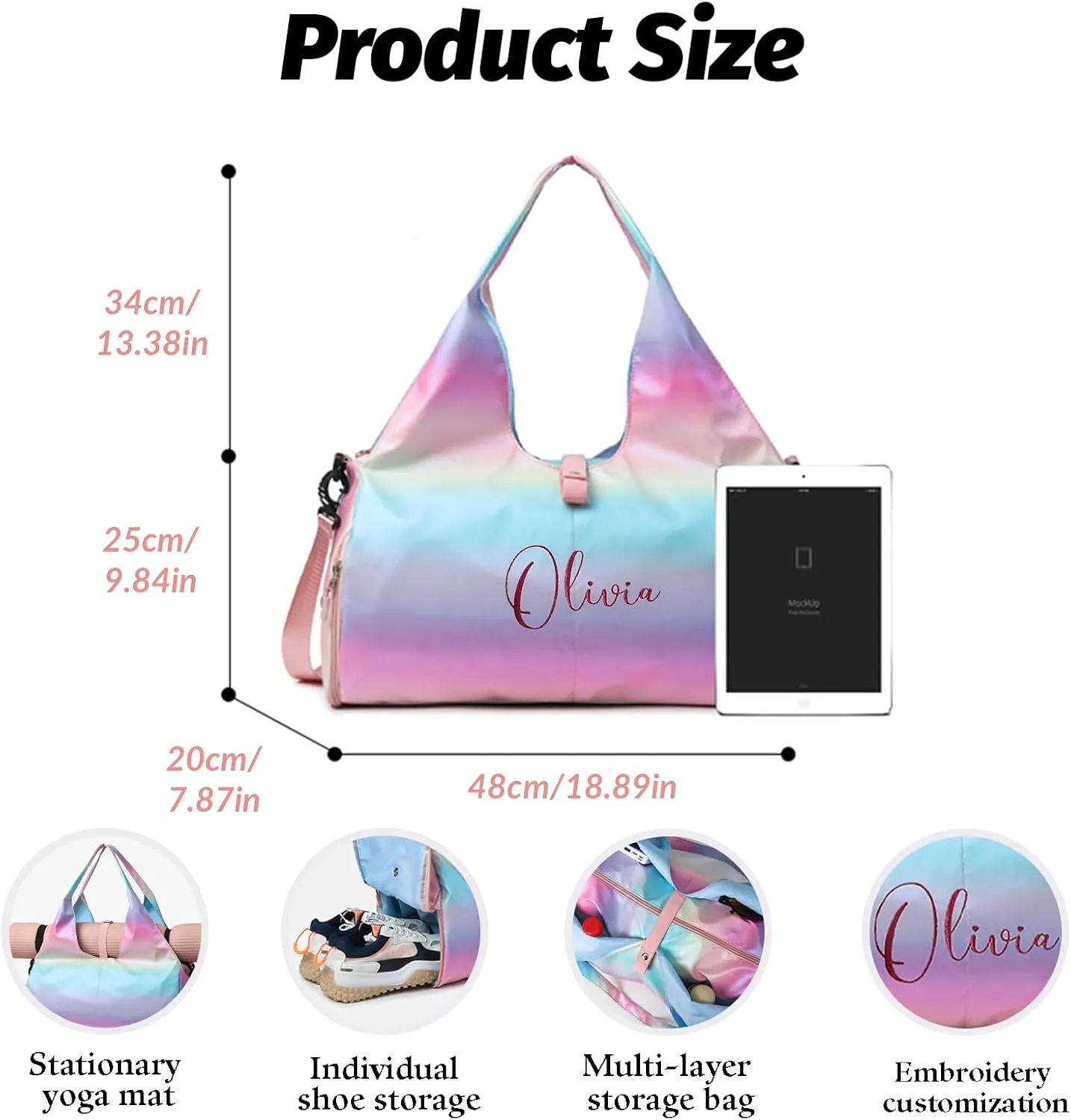 Personalized Sport Gym Bags with Yoga Mat Compartment, Custom Embroidered Name Duffle Bag with Shoe Compartment, Cheerleading Gymnastics Dance Ballet Bag for Girls, Weekender Overnight for Women