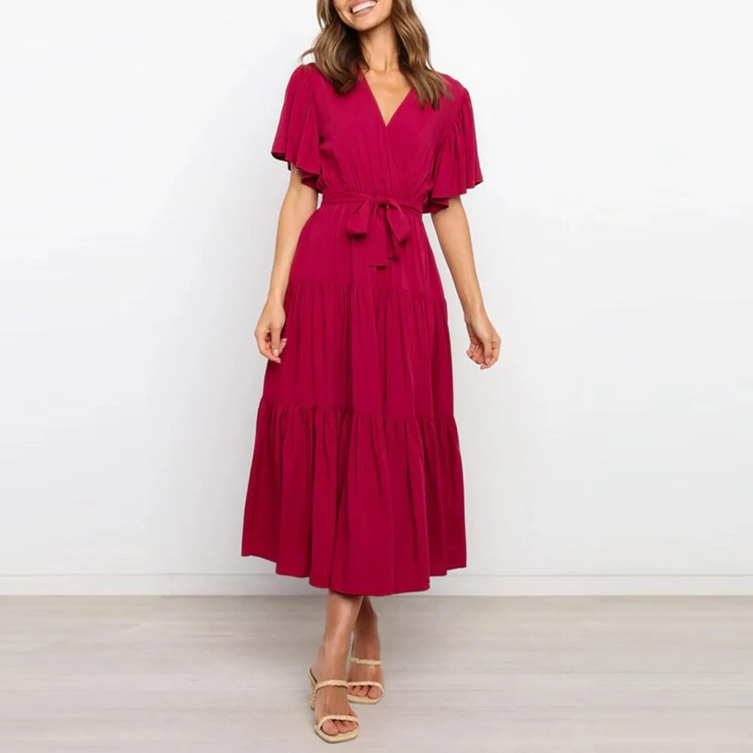 Pleated Dress for Women Formal Summer Short Sleeve A Line Dresses Tiered V Neck Spring Boho Wedding Dress with Belt