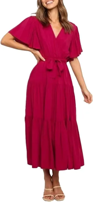 Pleated Dress for Women Formal Summer Short Sleeve A Line Dresses Tiered V Neck Spring Boho Wedding Dress with Belt