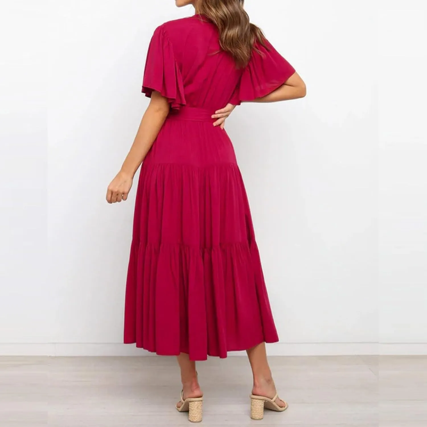 Pleated Dress for Women Formal Summer Short Sleeve A Line Dresses Tiered V Neck Spring Boho Wedding Dress with Belt