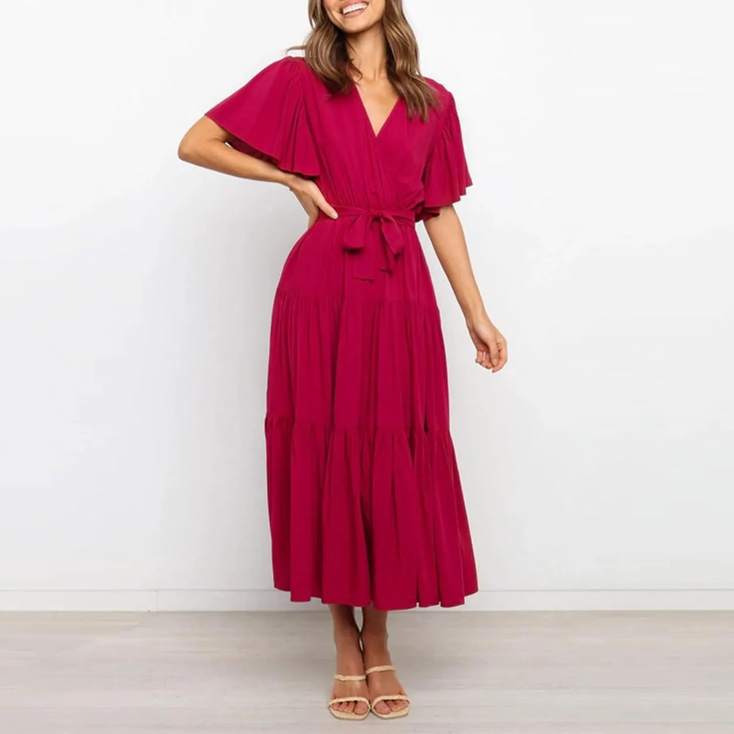 Pleated Dress for Women Formal Summer Short Sleeve A Line Dresses Tiered V Neck Spring Boho Wedding Dress with Belt
