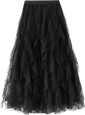 Pleated Skirts for Women Tulle Pleated Layered Tutu Skirt Ladies Ruffles Elegant Flowy Bridesmaid Wedding Midi Dress