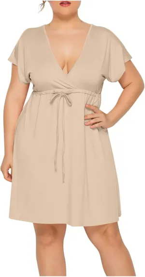 Plus Size Dress for Women Summer Casual Loose Fit Deep V Short Sleeve Elegant Dresses Solid Color Pleated Mini Dress