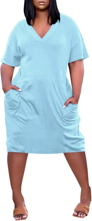 Plus Size Dresses for Curvy Women Cute Summer V Neck Mid Length Tshirt Dress with Pockets Casual Beachy Resort Dresses
