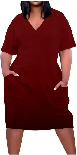Plus Size Dresses for Curvy Womens 2024 Trendy Summer Casual V Neck Short Sleeve Daily Tshirt Midi Dress with Pocket
