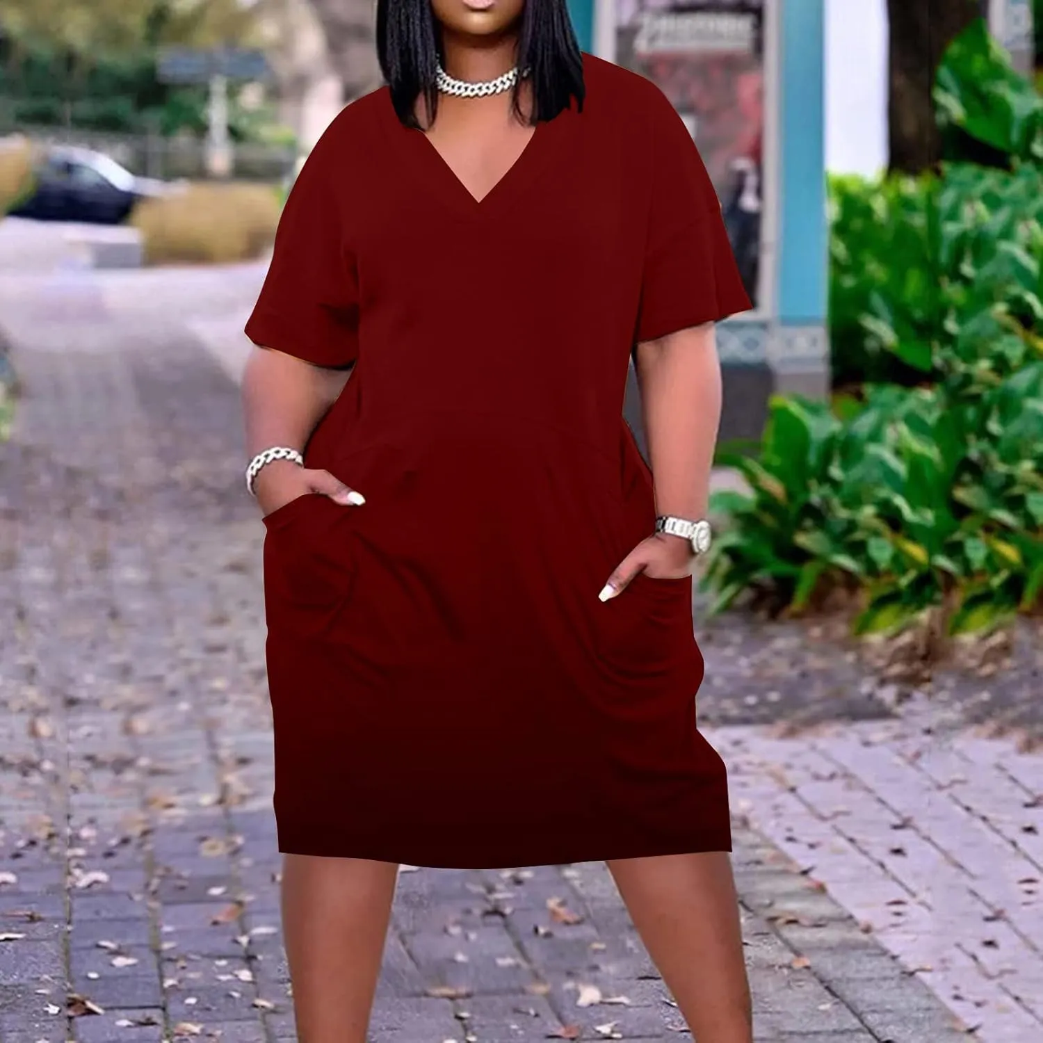 Plus Size Dresses for Curvy Womens 2024 Trendy Summer Casual V Neck Short Sleeve Daily Tshirt Midi Dress with Pocket