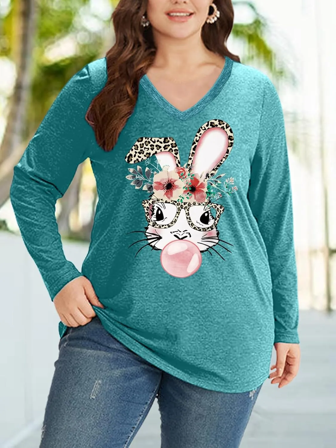 Plus Size Easter Shirts for Women Happy Easter T Shirt Bunny Rabbit V Neck Tees Easter Long Sleeve Shirt Tops