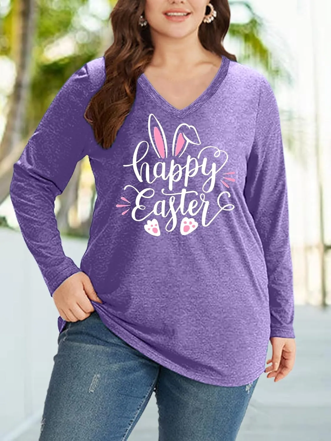 Plus Size Easter Shirts for Women Happy Easter T Shirt Bunny Rabbit V Neck Tees Easter Long Sleeve Shirt Tops