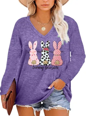 Plus Size Easter Shirts for Women Happy Easter T Shirt Bunny Rabbit V Neck Tees Easter Long Sleeve Shirt Tops