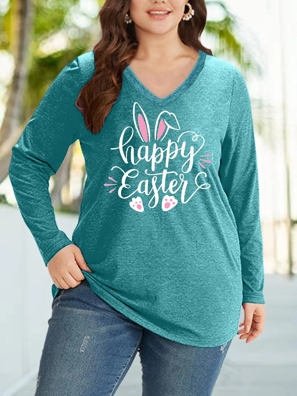 Plus Size Easter Shirts for Women Happy Easter T Shirt Bunny Rabbit V Neck Tees Easter Long Sleeve Shirt Tops