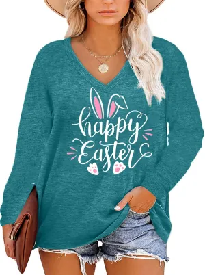 Plus Size Easter Shirts for Women Happy Easter T Shirt Bunny Rabbit V Neck Tees Easter Long Sleeve Shirt Tops