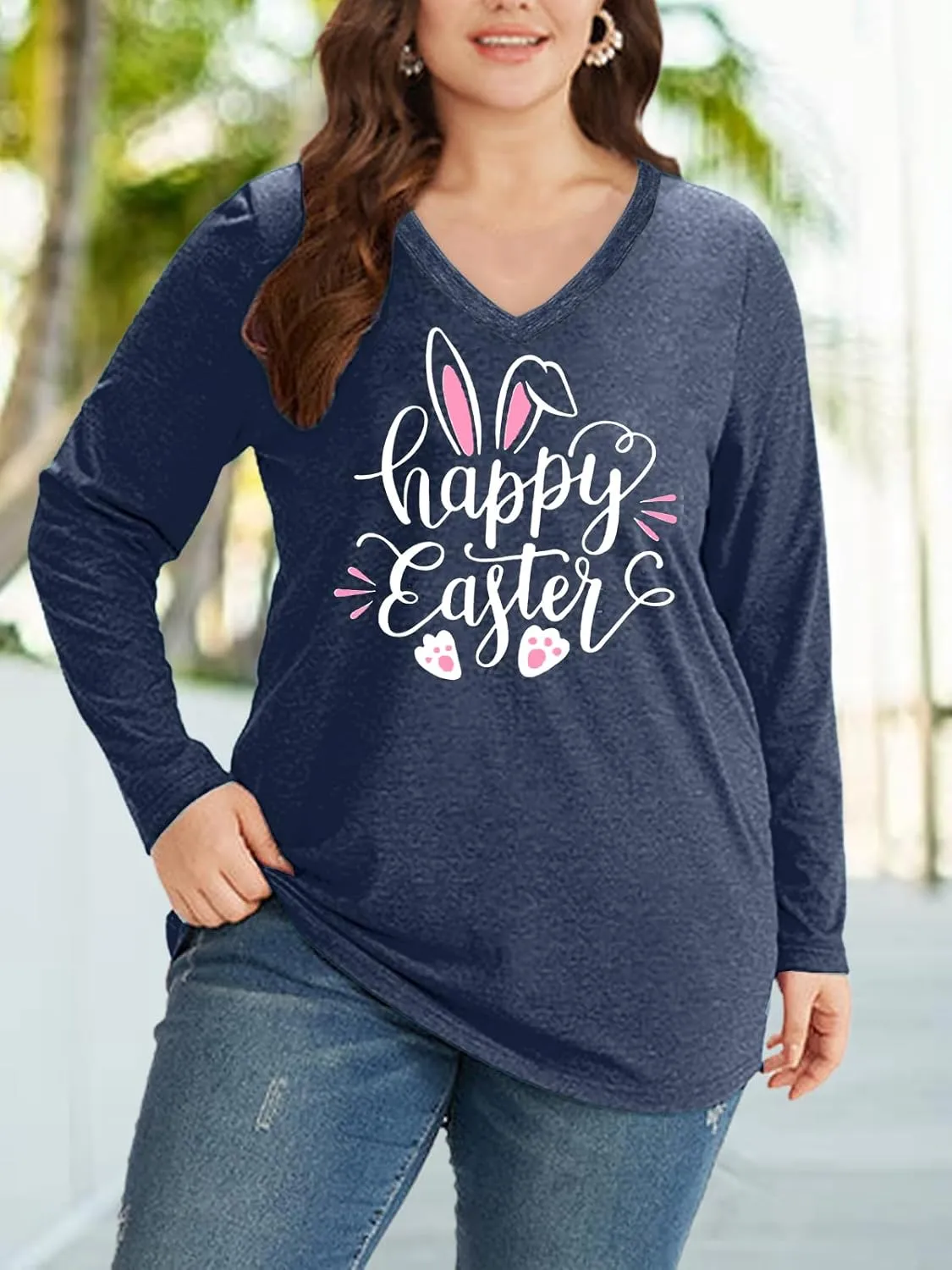 Plus Size Easter Shirts for Women Happy Easter T Shirt Bunny Rabbit V Neck Tees Easter Long Sleeve Shirt Tops