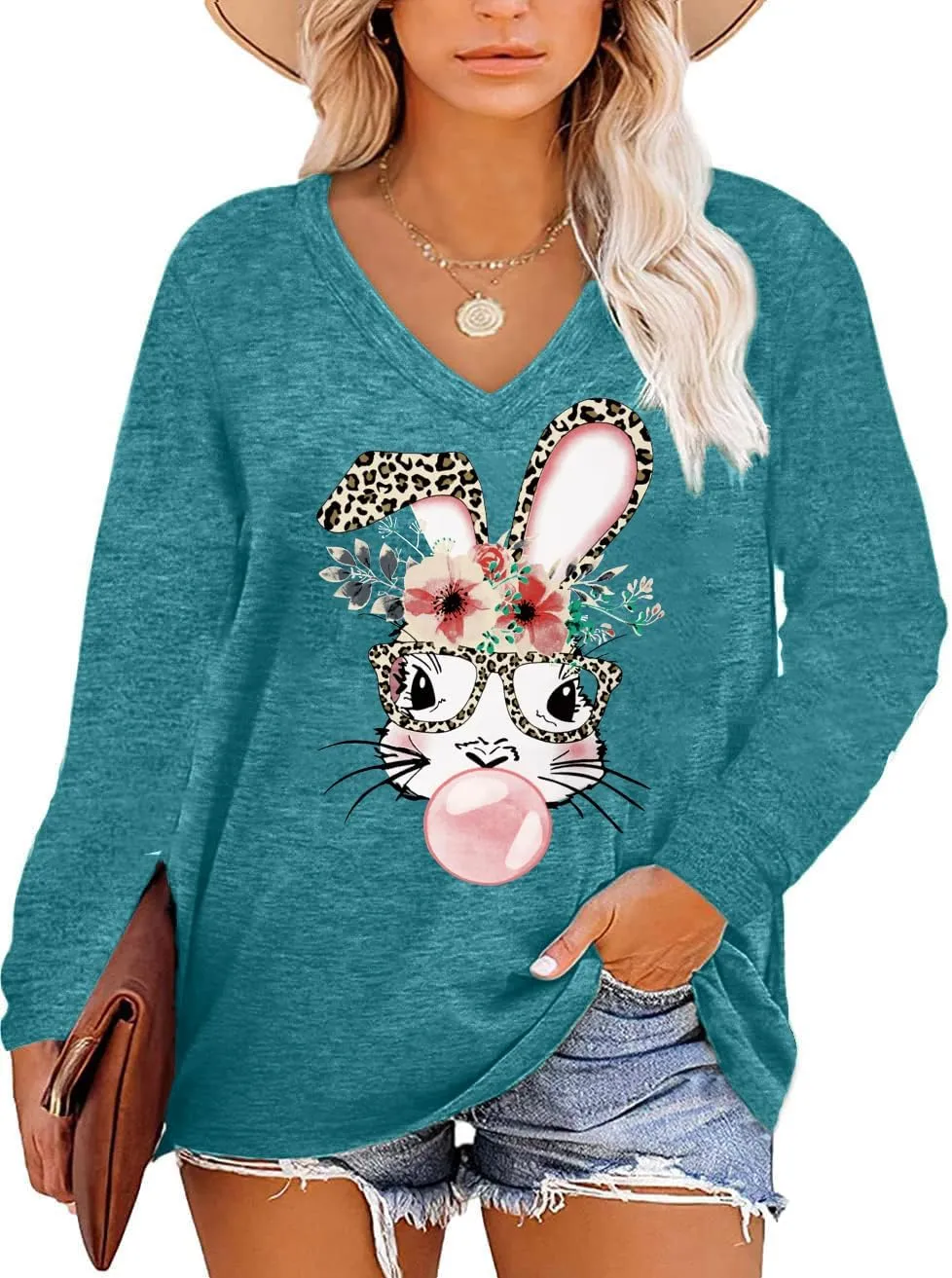 Plus Size Easter Shirts for Women Happy Easter T Shirt Bunny Rabbit V Neck Tees Easter Long Sleeve Shirt Tops