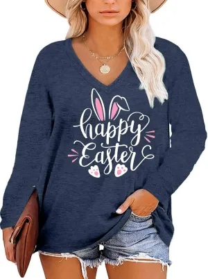 Plus Size Easter Shirts for Women Happy Easter T Shirt Bunny Rabbit V Neck Tees Easter Long Sleeve Shirt Tops
