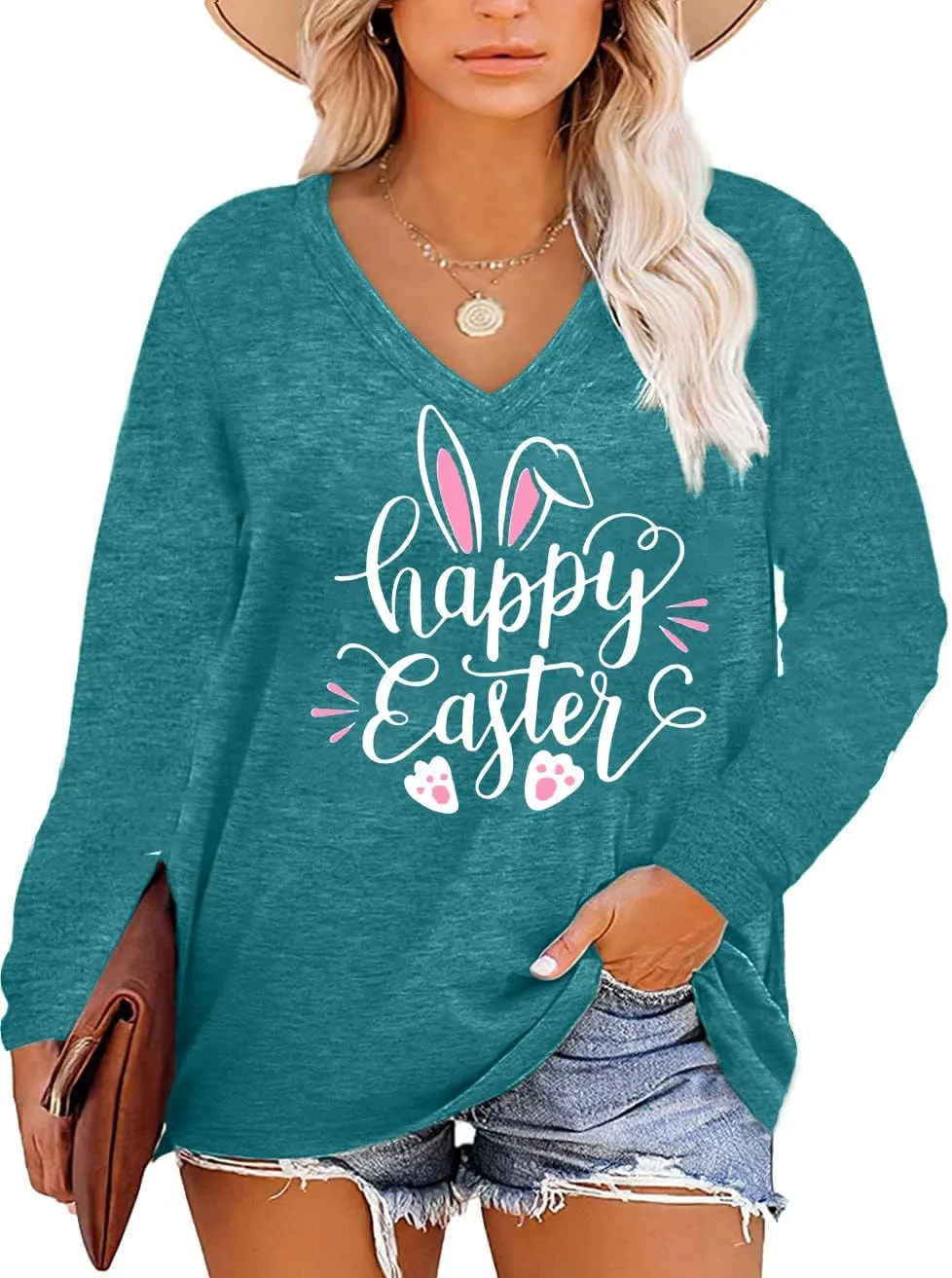 Plus Size Easter Shirts for Women Happy Easter T Shirt Bunny Rabbit V Neck Tees Easter Long Sleeve Shirt Tops