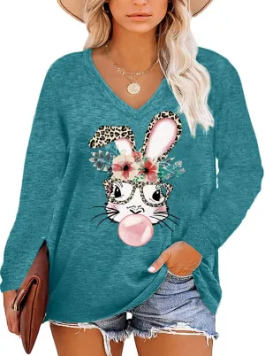 Plus Size Easter Shirts for Women Happy Easter T Shirt Bunny Rabbit V Neck Tees Easter Long Sleeve Shirt Tops