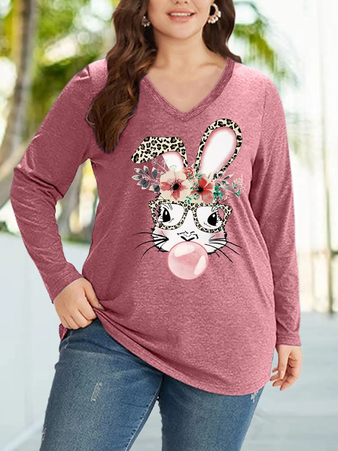 Plus Size Easter Shirts for Women Happy Easter T Shirt Bunny Rabbit V Neck Tees Easter Long Sleeve Shirt Tops