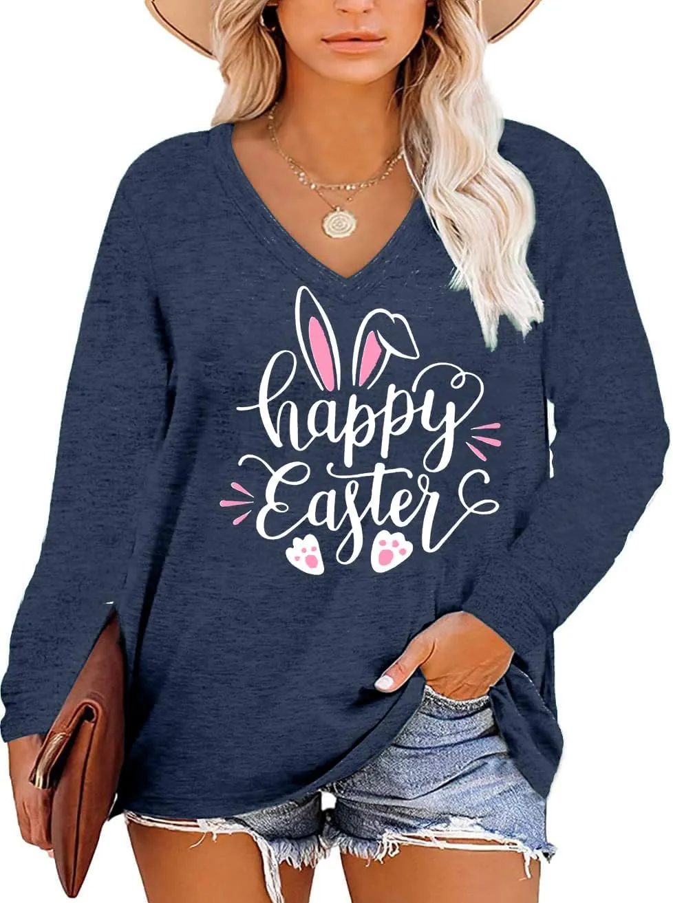 Plus Size Easter Shirts for Women Happy Easter T Shirt Bunny Rabbit V Neck Tees Easter Long Sleeve Shirt Tops