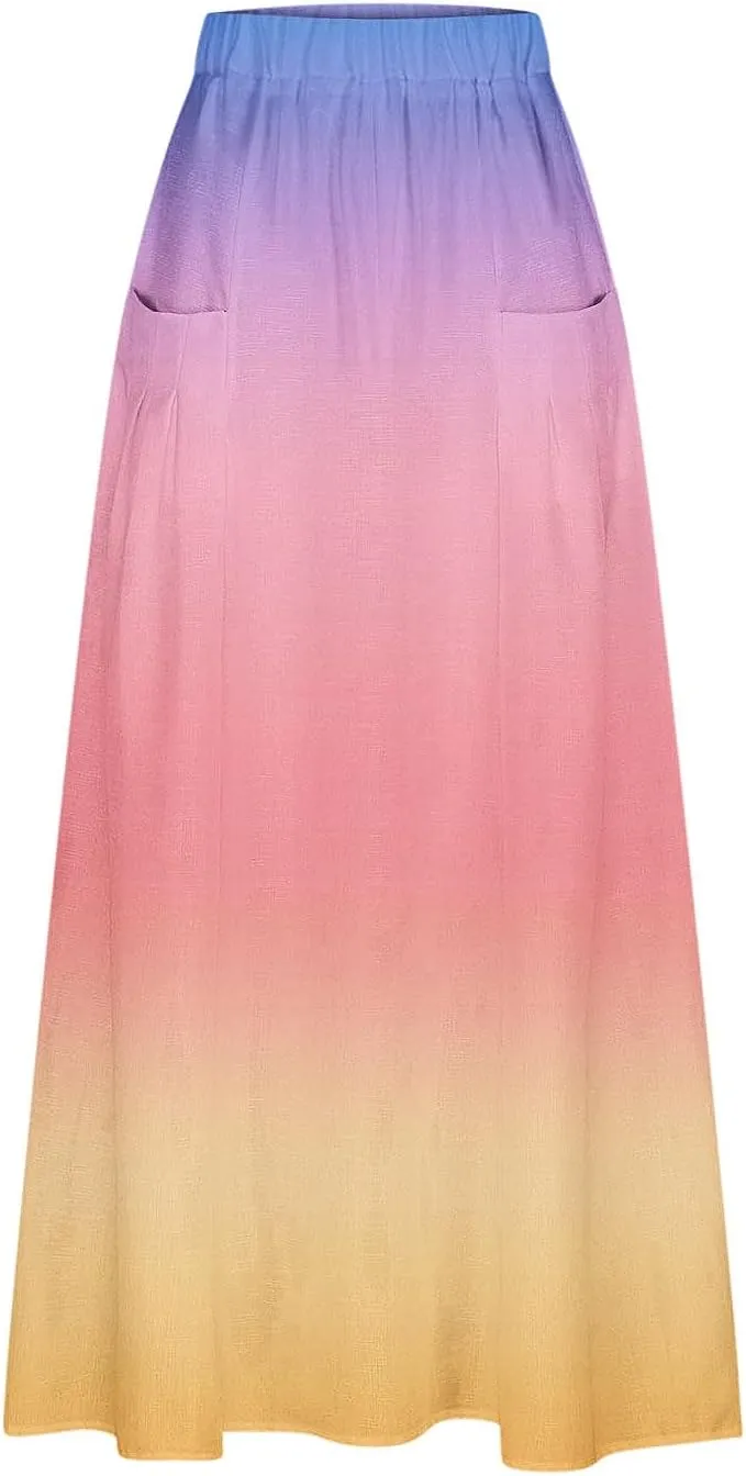 Plus Size Maxi Skirts for Women Printed Summer Skirts Elastic Waist Casual Skirts with Pockets Flowy Vacation Skirts