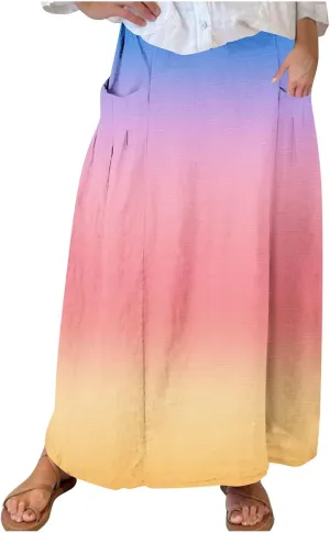 Plus Size Maxi Skirts for Women Printed Summer Skirts Elastic Waist Casual Skirts with Pockets Flowy Vacation Skirts