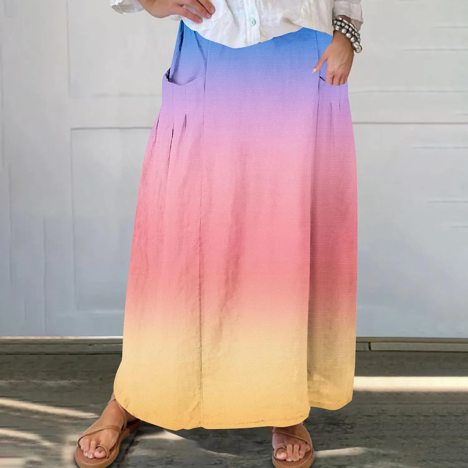 Plus Size Maxi Skirts for Women Printed Summer Skirts Elastic Waist Casual Skirts with Pockets Flowy Vacation Skirts