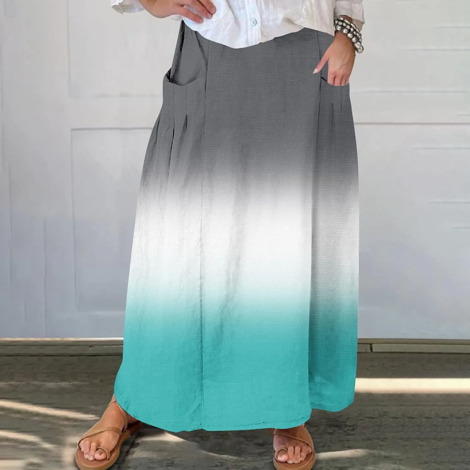 Plus Size Maxi Skirts for Women Printed Summer Skirts Elastic Waist Casual Skirts with Pockets Flowy Vacation Skirts