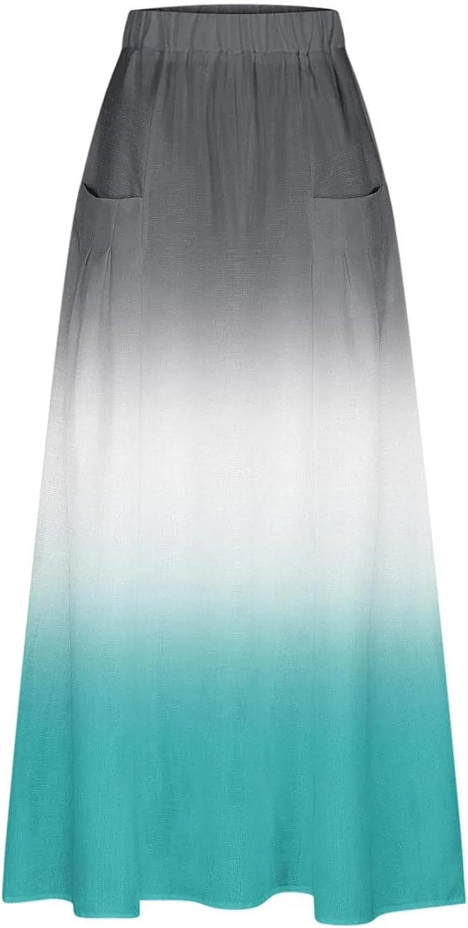 Plus Size Maxi Skirts for Women Printed Summer Skirts Elastic Waist Casual Skirts with Pockets Flowy Vacation Skirts