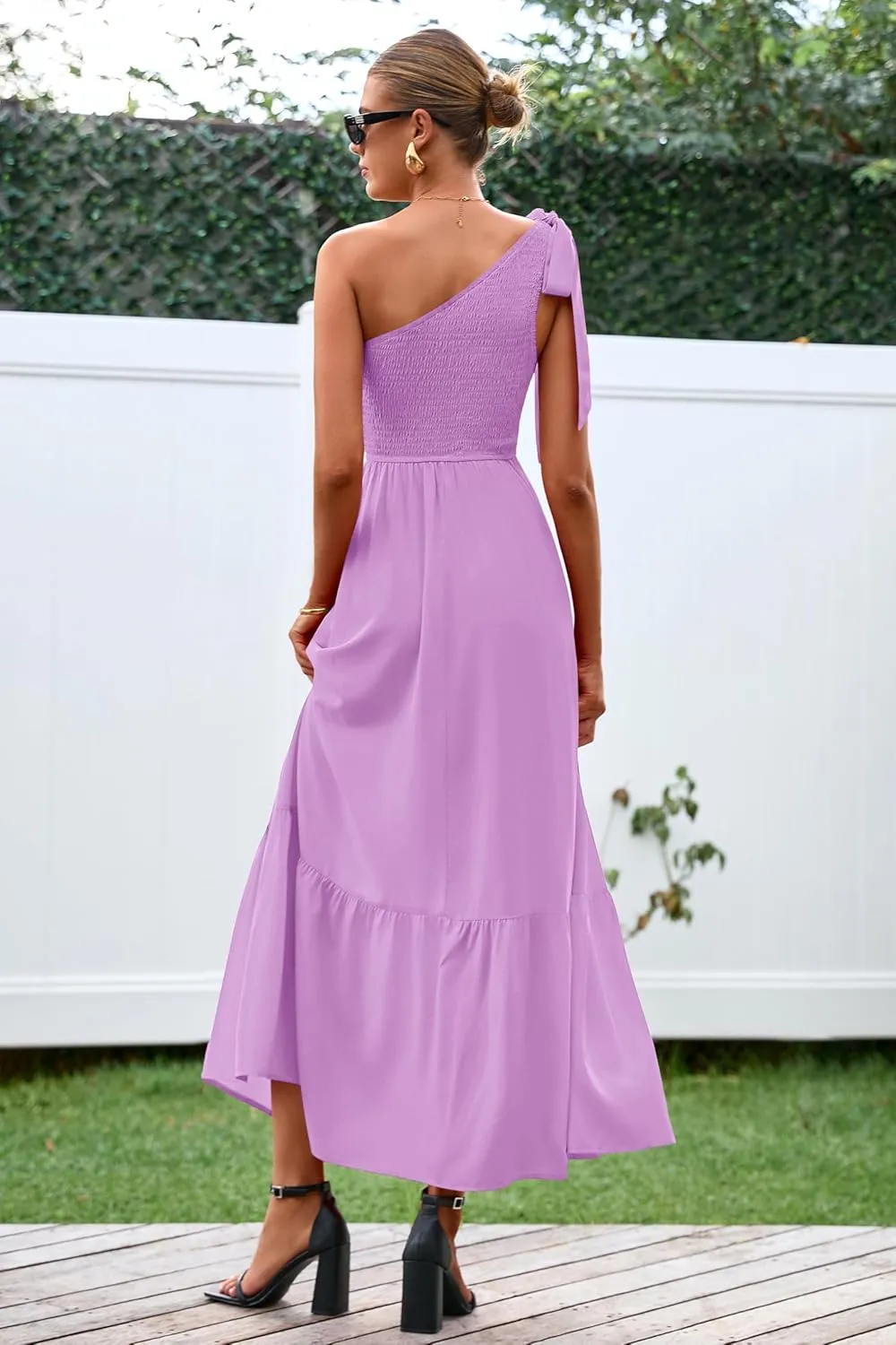 PRETTYGARDEN Womens One Shoulder Summer Maxi Dress Smocked Flowy Boho Beach Long Sundress Sleeveless Wedding Guest Dresses