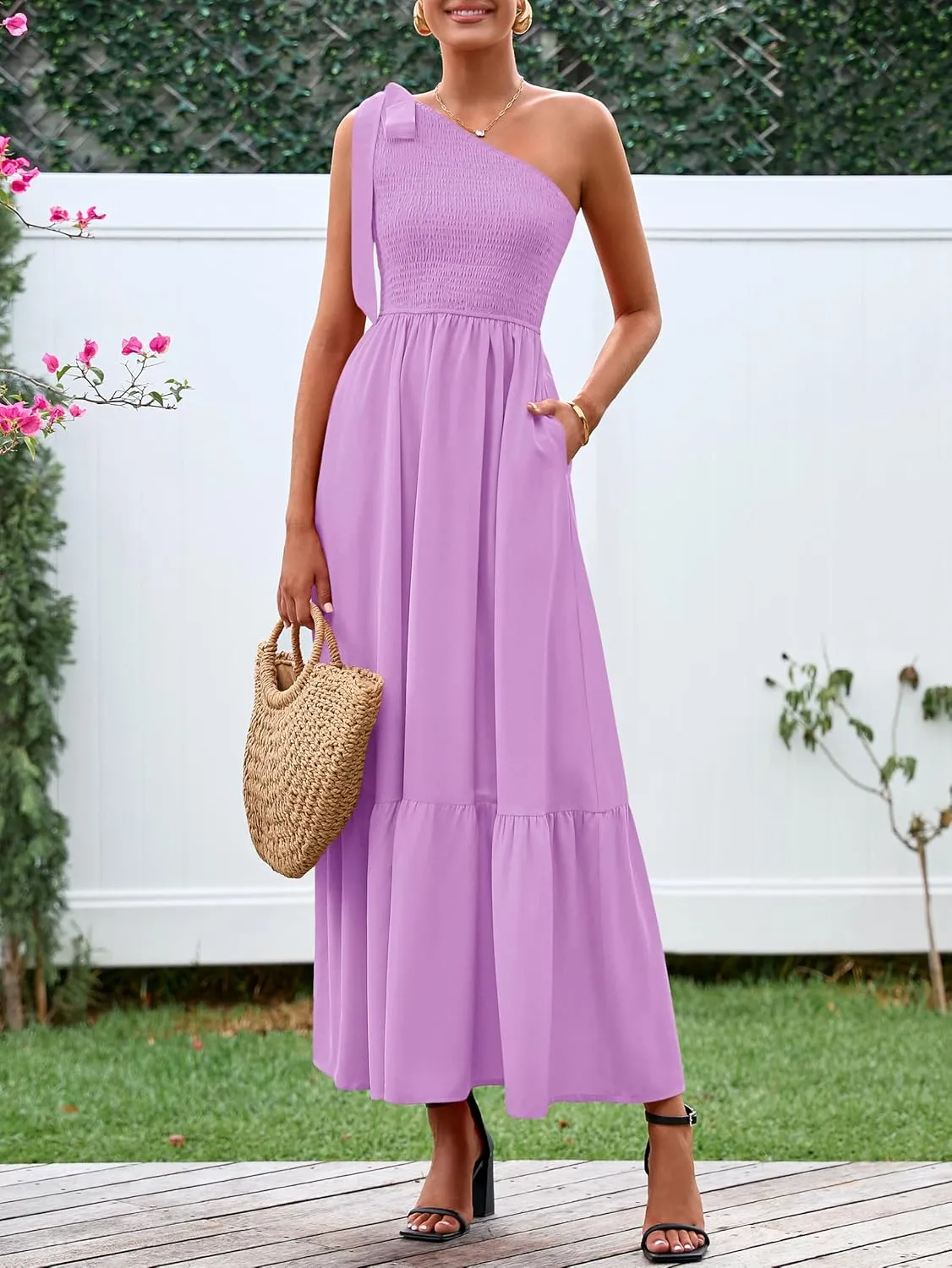 PRETTYGARDEN Womens One Shoulder Summer Maxi Dress Smocked Flowy Boho Beach Long Sundress Sleeveless Wedding Guest Dresses