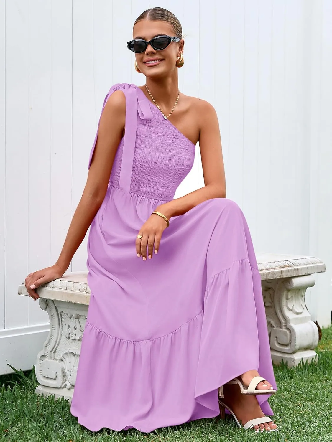 PRETTYGARDEN Womens One Shoulder Summer Maxi Dress Smocked Flowy Boho Beach Long Sundress Sleeveless Wedding Guest Dresses