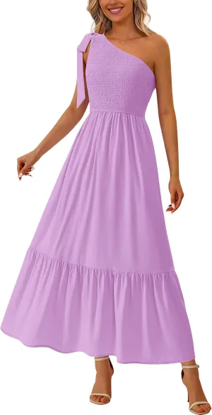 PRETTYGARDEN Womens One Shoulder Summer Maxi Dress Smocked Flowy Boho Beach Long Sundress Sleeveless Wedding Guest Dresses