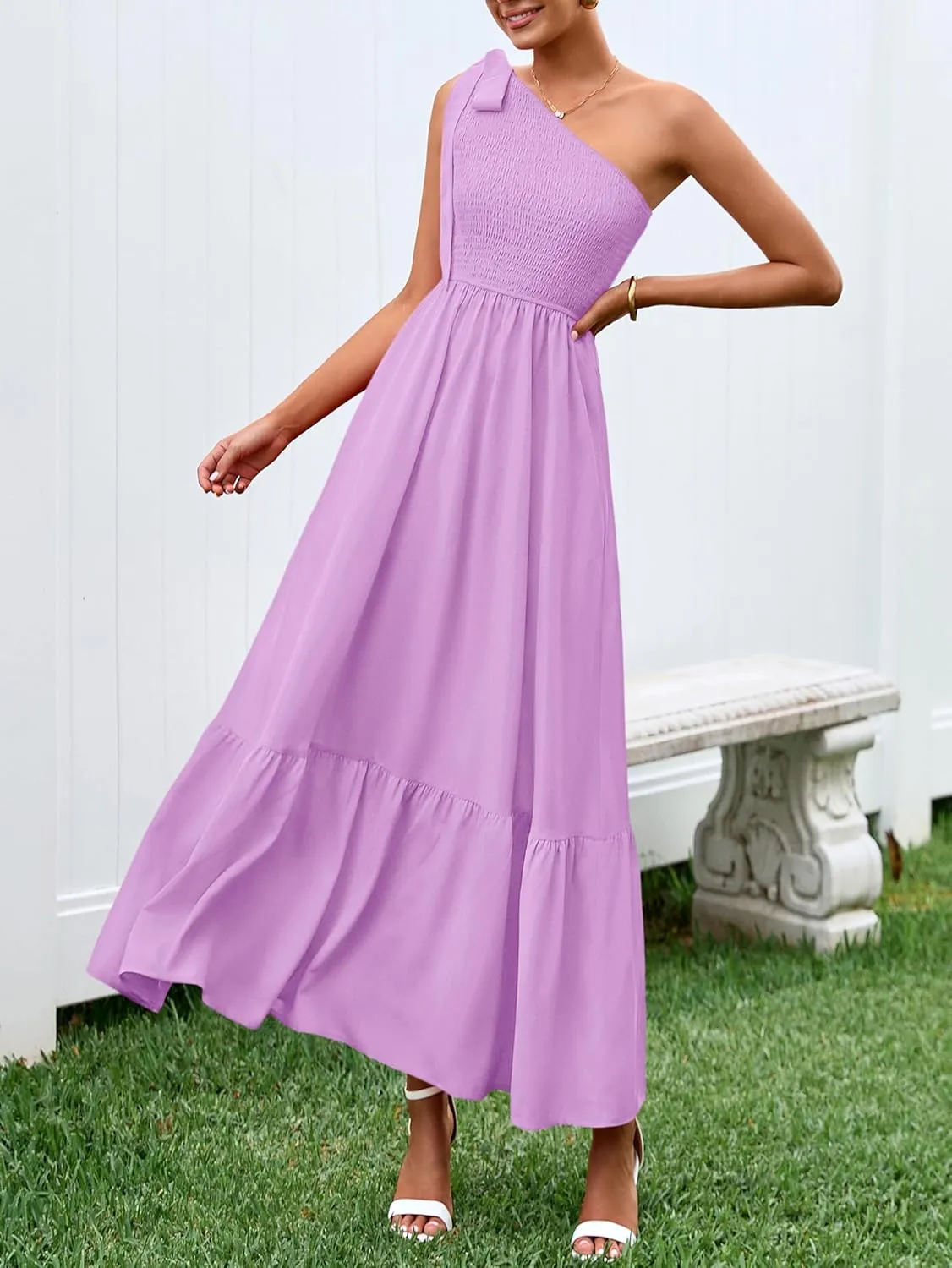 PRETTYGARDEN Womens One Shoulder Summer Maxi Dress Smocked Flowy Boho Beach Long Sundress Sleeveless Wedding Guest Dresses