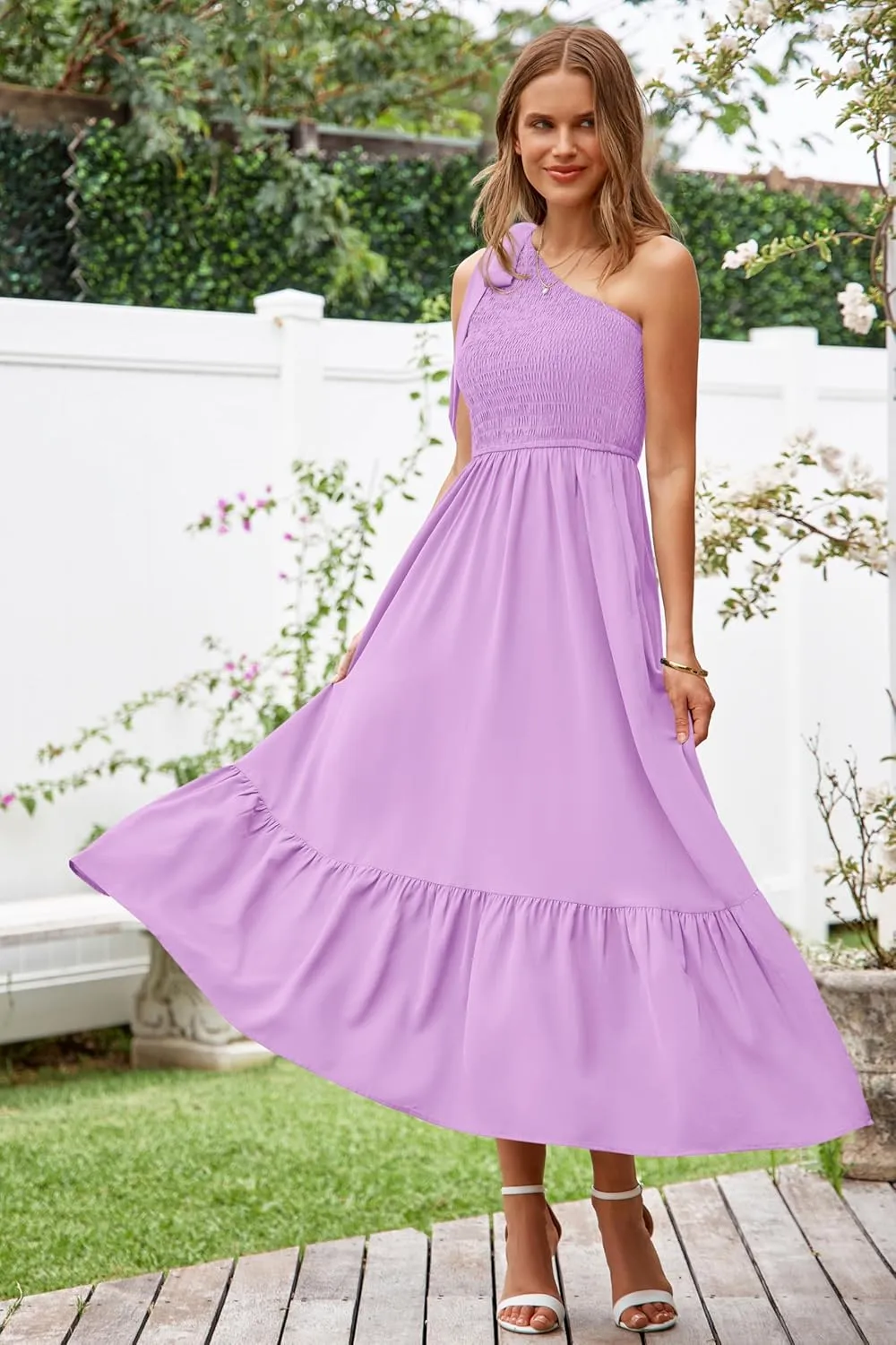 PRETTYGARDEN Womens One Shoulder Summer Maxi Dress Smocked Flowy Boho Beach Long Sundress Sleeveless Wedding Guest Dresses