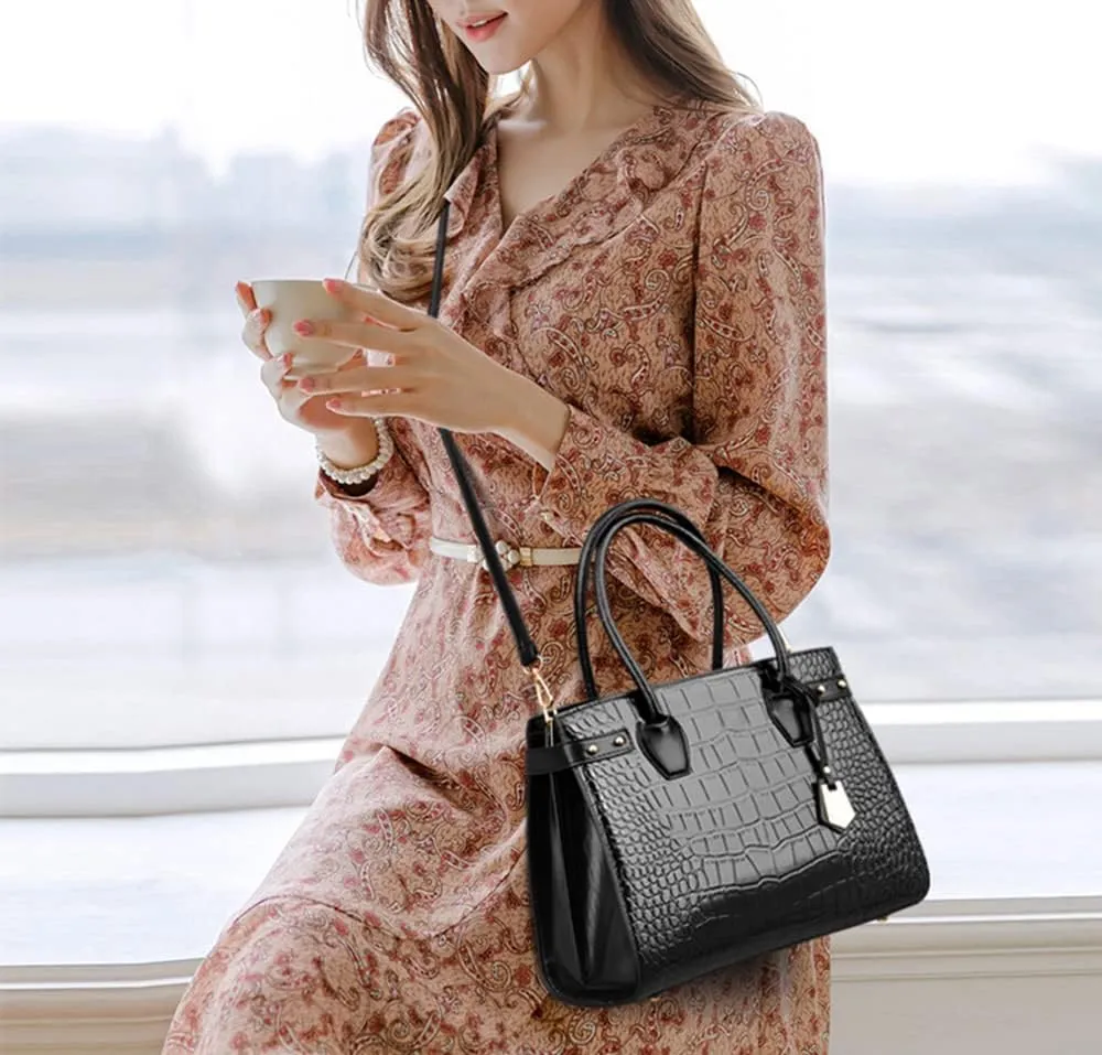 PU Leather Purses and Handbags Crossbody for Women Fashion Crocodile Pattern Top Handle Satchel Purse Set 3pcs (Brown)