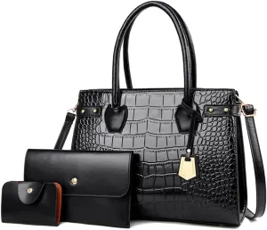 PU Leather Purses and Handbags Crossbody for Women Fashion Crocodile Pattern Top Handle Satchel Purse Set 3pcs (Brown)