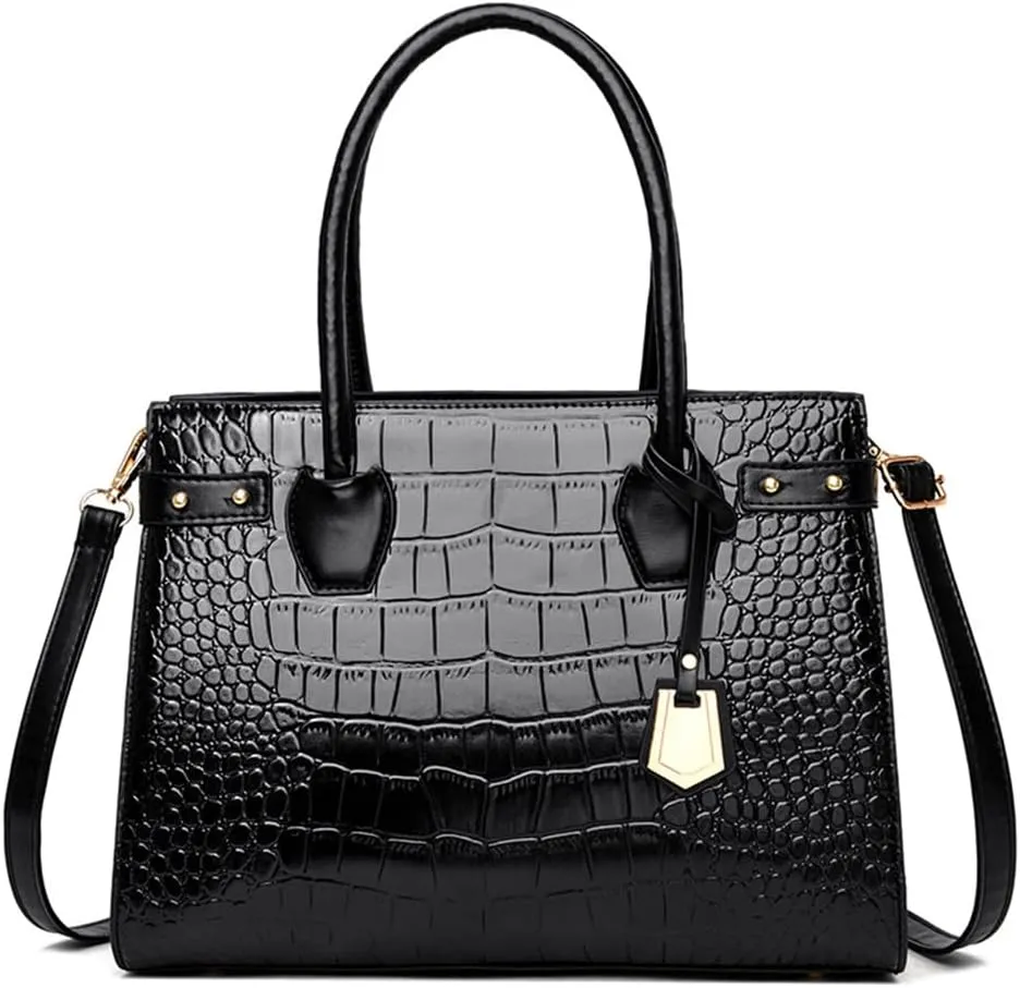 PU Leather Purses and Handbags Crossbody for Women Fashion Crocodile Pattern Top Handle Satchel Purse Set 3pcs (Brown)