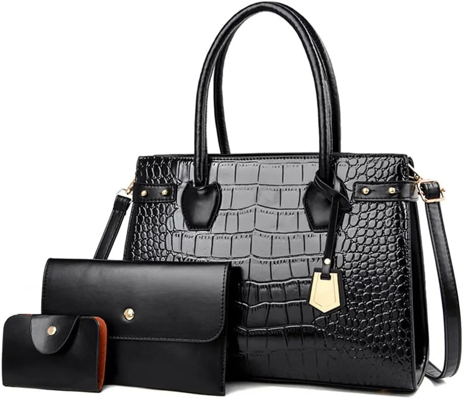 PU Leather Purses and Handbags Crossbody for Women Fashion Crocodile Pattern Top Handle Satchel Purse Set 3pcs (Brown)