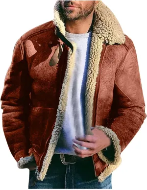 QWENTMTNTY Sherpa Fleece Leather Jacket for Men Winter Heavyweight Zip Up Vintage Trucker Jackets Outerwear Relaxed Fit Winter Coat